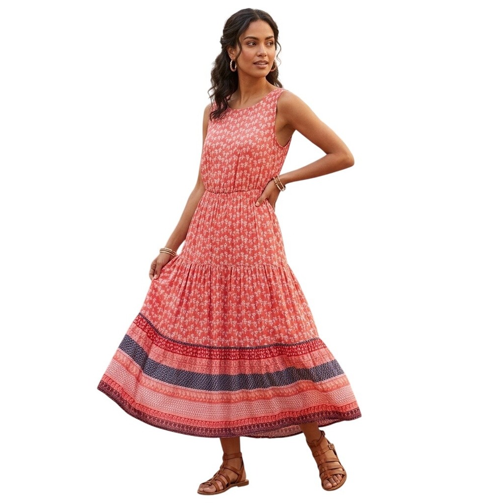 Beachlunchlounge Coral Floral Tiered Midi Dress Cutout Back XXL Women Sleeveless